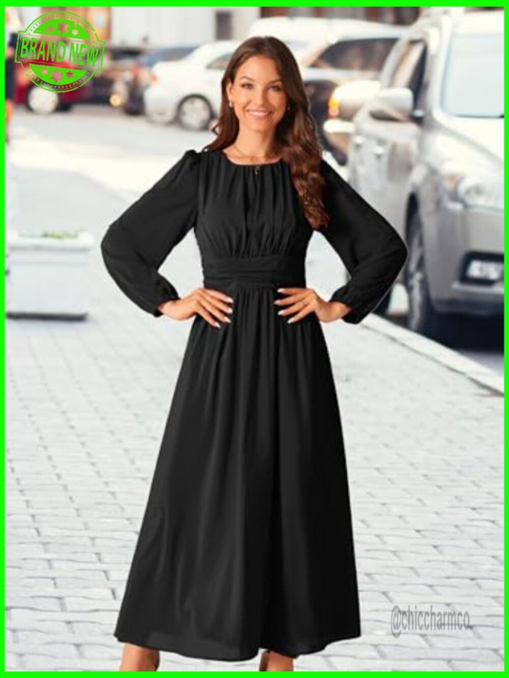 Large Formal Maxi Dress Long Sleeve Chiffon A-Line Crewneck - Picture 3 of 5